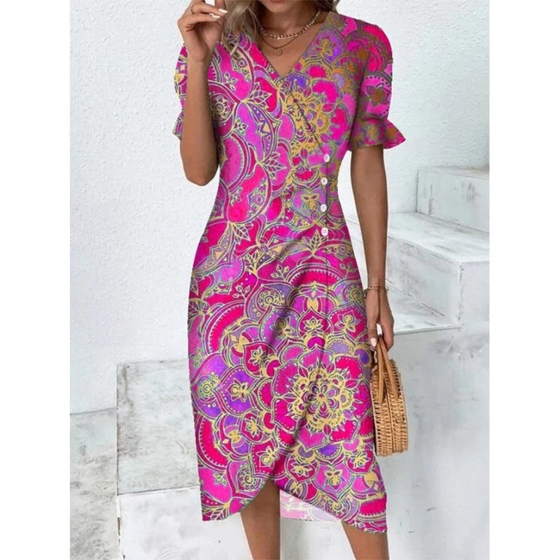 Printed Collage V-neck Irregular Hem Dress