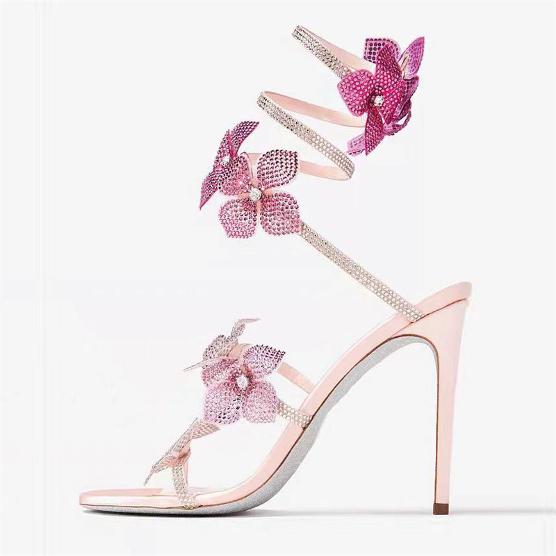 Snakelike Winding Lace Flowers Around Ankle Ring Stiletto Heels