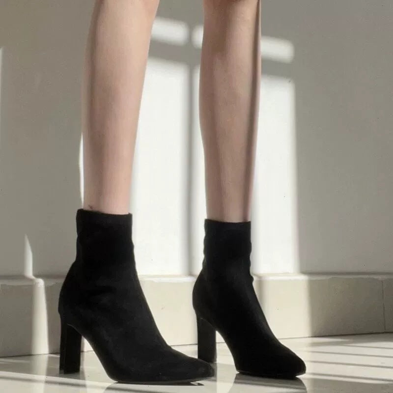 All-match Middle Tube Suede Pointed Ankle Boots Chunky Heel