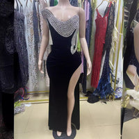 Rhinestone Design Split Shoulder Sleeveless Black Dress