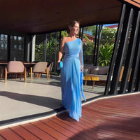 Fashion Diagonal Collar Raglan Sleeve Cinched Waist Slim-fit Long Dress