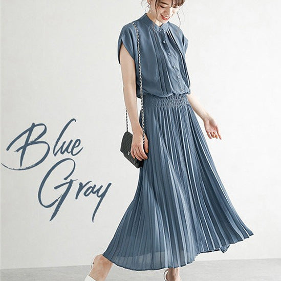 New Elegant Japanese Style Dress Comfortable Waist Trimming Short-sleeved Chiffon Dress Women