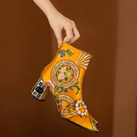 Ethnic Style Round Toe Pearl Buckle Flower Embroidery Chunky Heel Ankle Boots