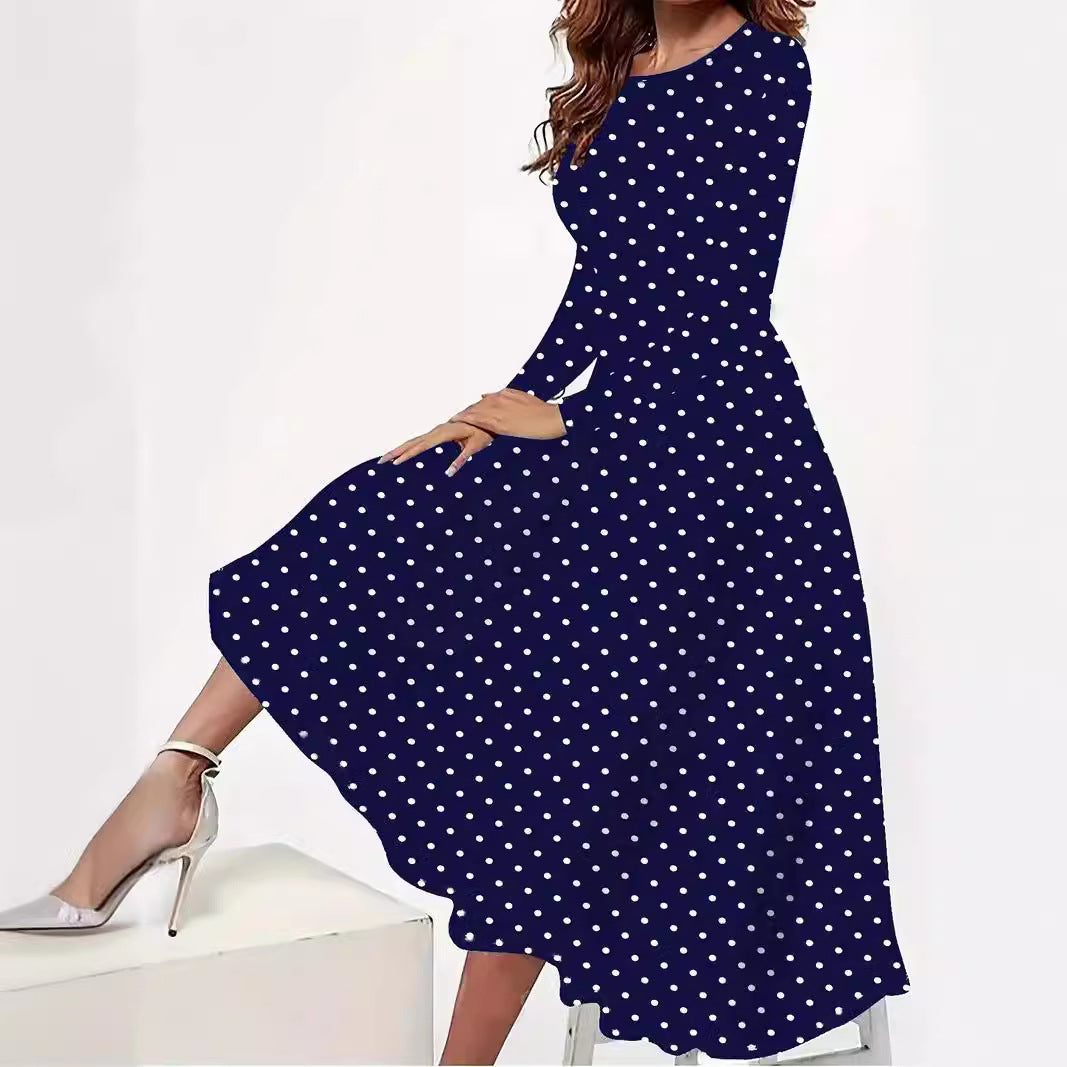 European And American Elegant Polka Dot Printed Round Neck Long Sleeve Pocket Dress