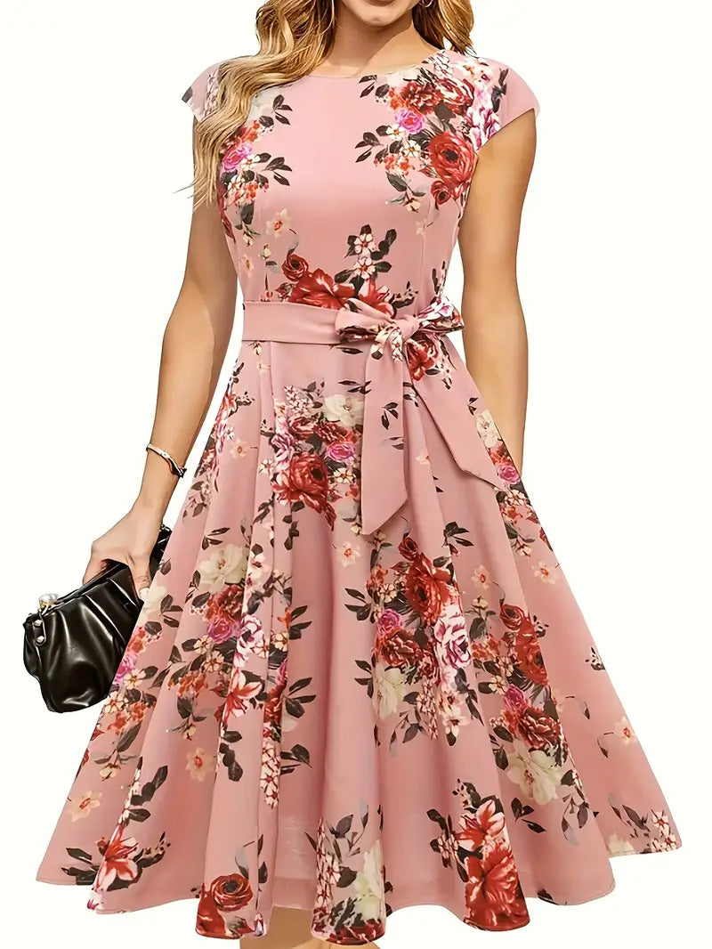 Summer Round Neck Sleeve Waist Belt Slim Print Sleeveless Swing Dress