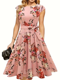 Summer Round Neck Sleeve Waist Belt Slim Print Sleeveless Swing Dress
