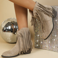 Women's Retro Pointed-toe Frosted Tassel Chunky Heel Martin Boots