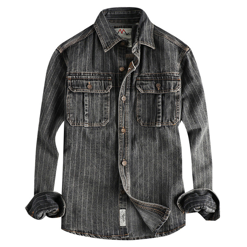 Men's British Retro Black Gray Striped Denim Shirt