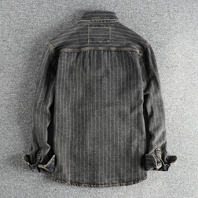 Men's British Retro Black Gray Striped Denim Shirt