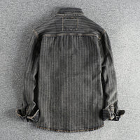 Men's British Retro Black Gray Striped Denim Shirt