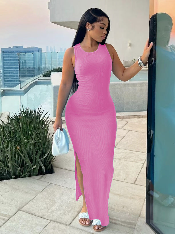 Commute Style Sleeveless Round-neck High Waist Dress