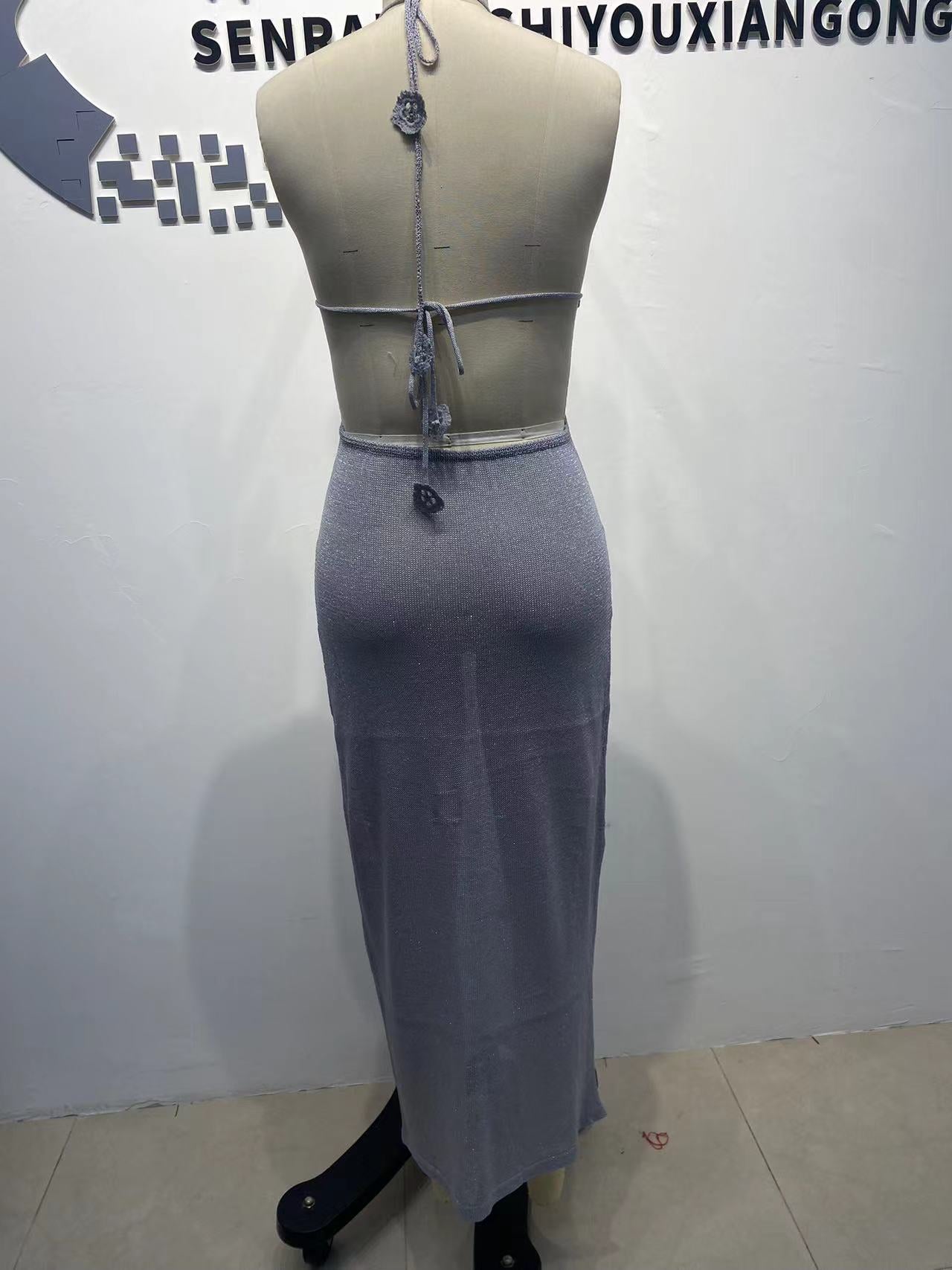 BKQU Fashion Glitter Backless Knit Long Dress Women Halter Lace-Up Sexy Embroidery See Through Party Dress 2025 Summer Lady Robe