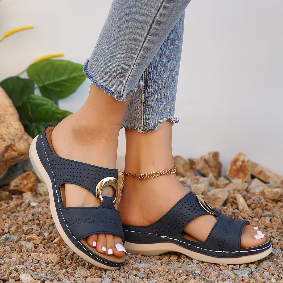 Casual Slip-on Stitching Metal Buckle Sandals Women's Shoes