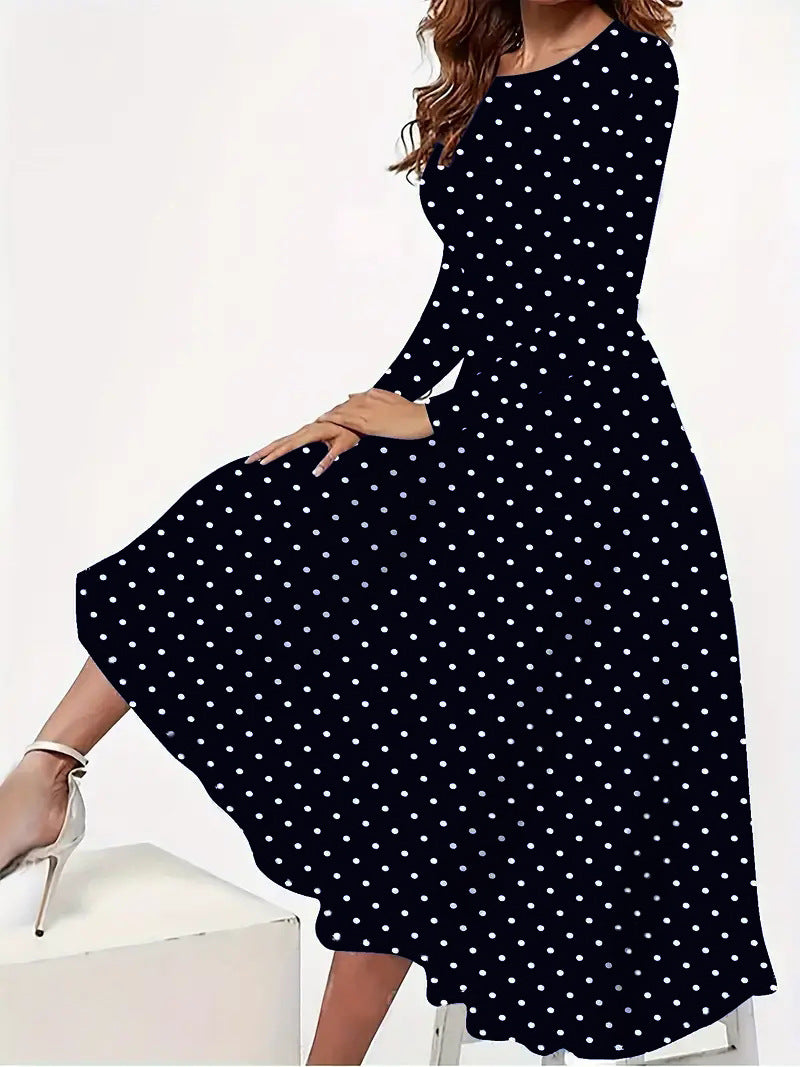 European And American Elegant Polka Dot Printed Round Neck Long Sleeve Pocket Dress
