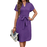 Women's V-neck Solid Color Short Sleeve Bow Belt Dress