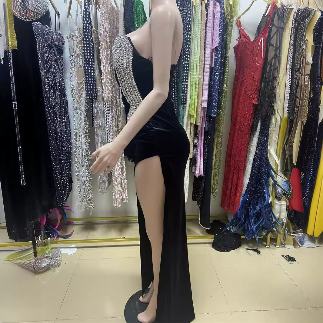 Rhinestone Design Split Shoulder Sleeveless Black Dress