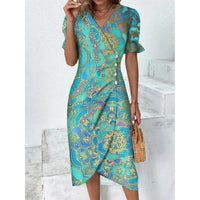 Printed Collage V-neck Irregular Hem Dress