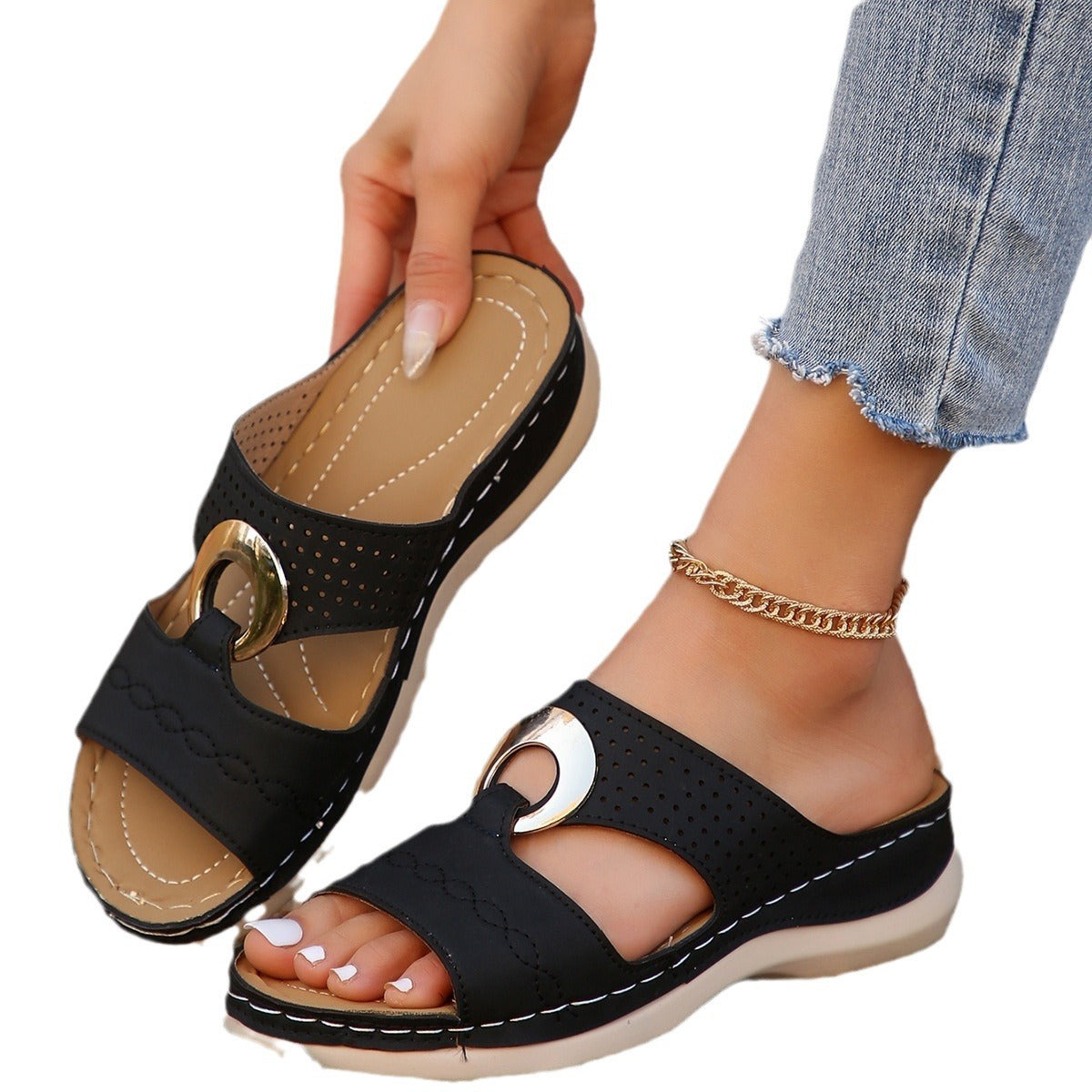 Casual Slip-on Stitching Metal Buckle Sandals Women's Shoes