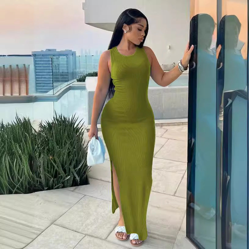 Commute Style Sleeveless Round-neck High Waist Dress