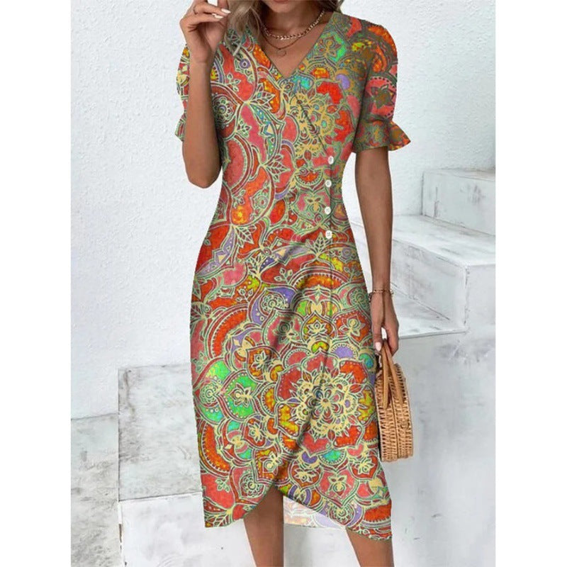 Printed Collage V-neck Irregular Hem Dress