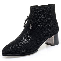 Women's Shoes Chunky Heel Mesh Boots Hollow Rhinestone High Heels