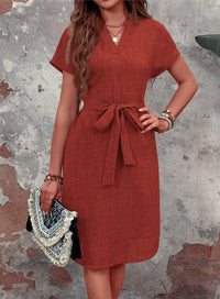 Women's V-neck Solid Color Short Sleeve Bow Belt Dress