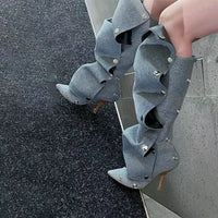 Denim Stitching Casual Two-way Pile Style Knee-length Boots