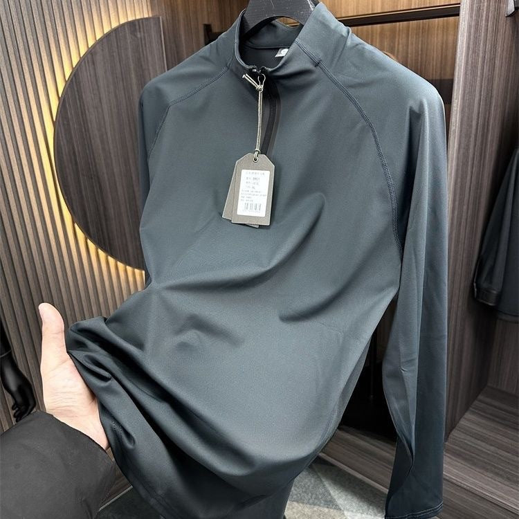 High Elastic Half Zipper Stand-up Collar Long Sleeve T-shirt