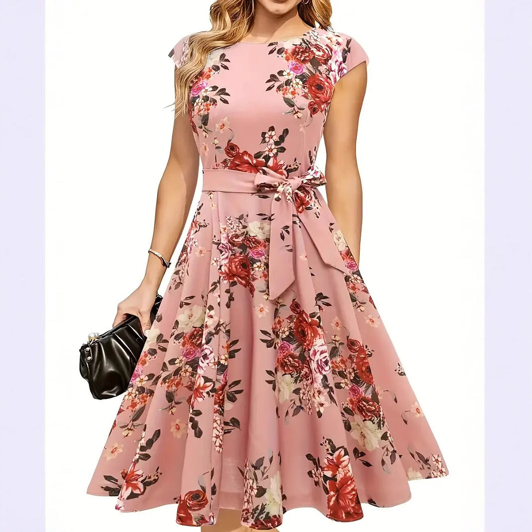 Summer Round Neck Sleeve Waist Belt Slim Print Sleeveless Swing Dress
