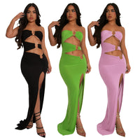 Women's Snake-shaped Decorative Solid Color Backless Sexy Slit Tube Top Dress