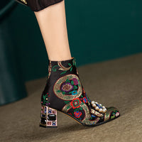 Ethnic Style Round Toe Pearl Buckle Flower Embroidery Chunky Heel Ankle Boots