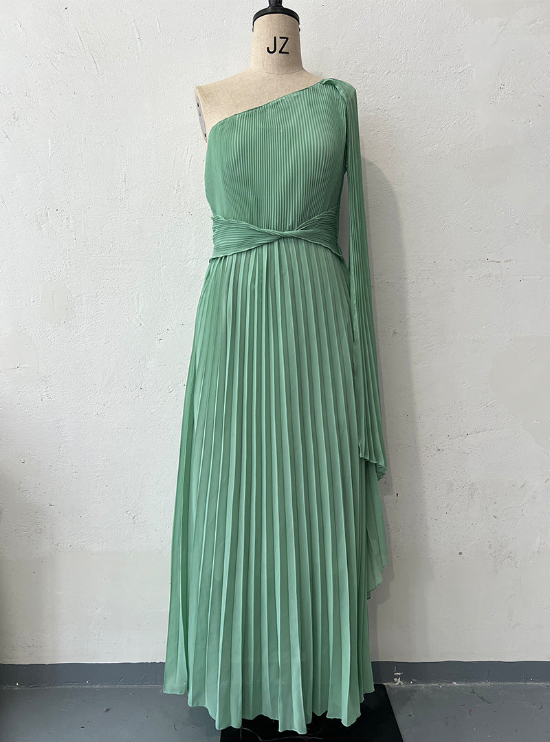 Fashion Diagonal Collar Raglan Sleeve Cinched Waist Slim-fit Long Dress