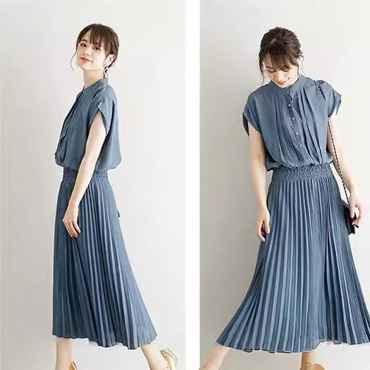 New Elegant Japanese Style Dress Comfortable Waist Trimming Short-sleeved Chiffon Dress Women