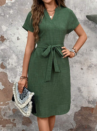 Women's V-neck Solid Color Short Sleeve Bow Belt Dress