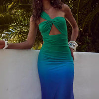 Blue And Green Gradient Halter Tube Top Slim Fit Backless Sleeveless Sheath Dress