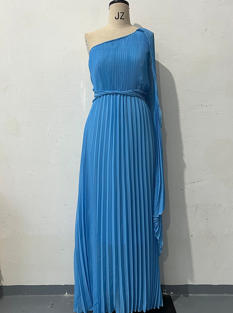 Fashion Diagonal Collar Raglan Sleeve Cinched Waist Slim-fit Long Dress