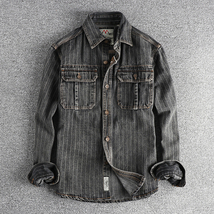 Men's British Retro Black Gray Striped Denim Shirt