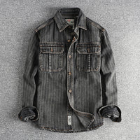 Men's British Retro Black Gray Striped Denim Shirt