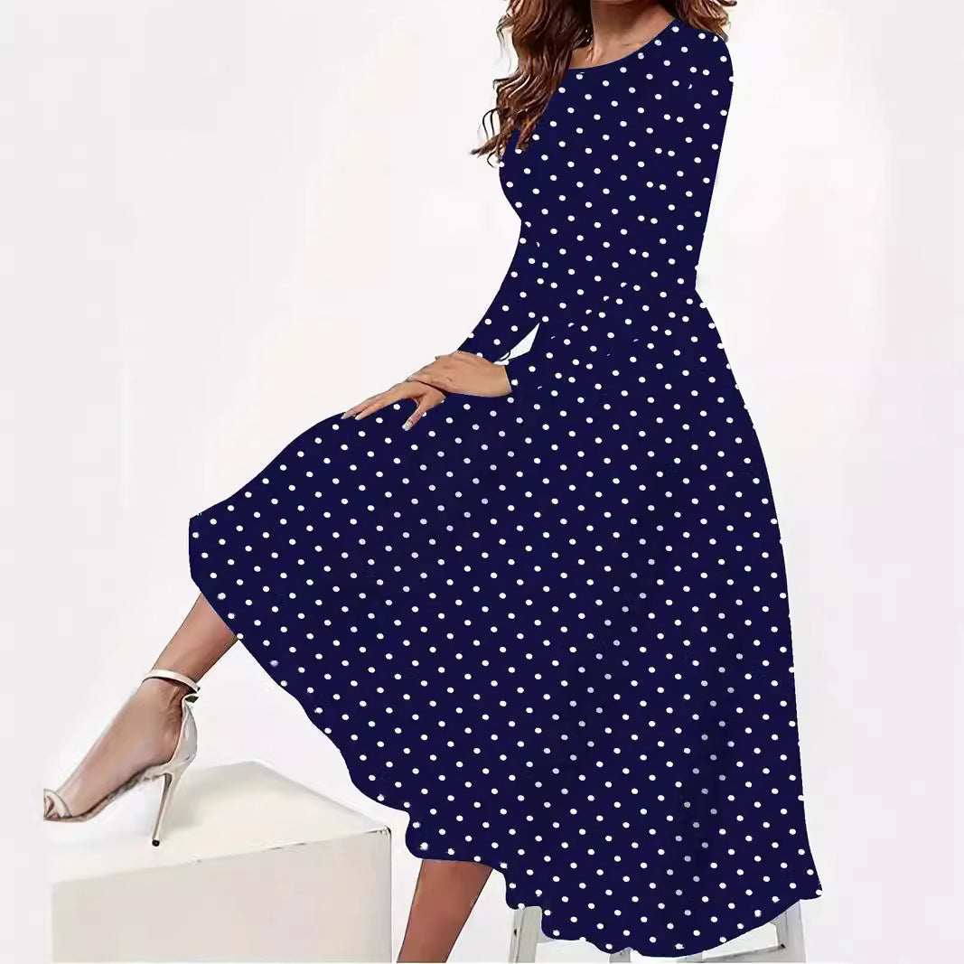 European And American Elegant Polka Dot Printed Round Neck Long Sleeve Pocket Dress