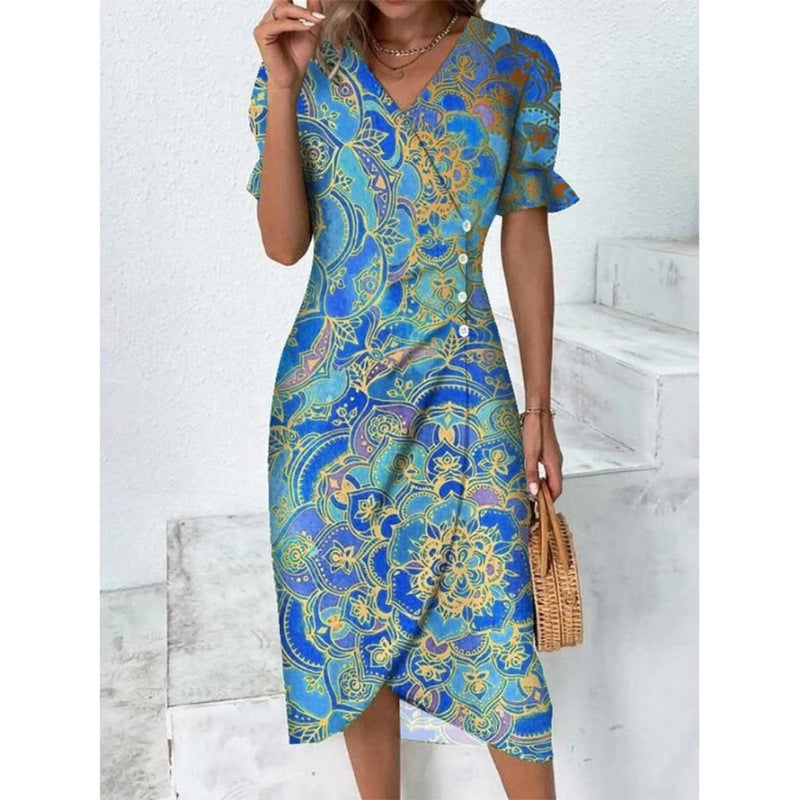 Printed Collage V-neck Irregular Hem Dress