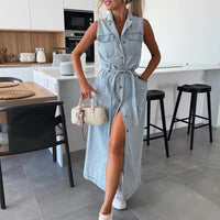 New Sleeveless Long Tie Waist-tight Single-breasted Denim Dress