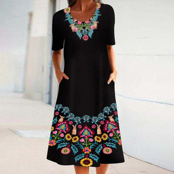 Sale Trend Positioning Printing Round Neck Half Sleeve Pocket Dress