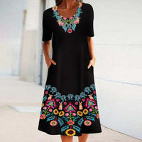 Sale Trend Positioning Printing Round Neck Half Sleeve Pocket Dress