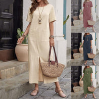 Cotton And Linen Solid Color Loose Round Neck Short Sleeve Dress Women