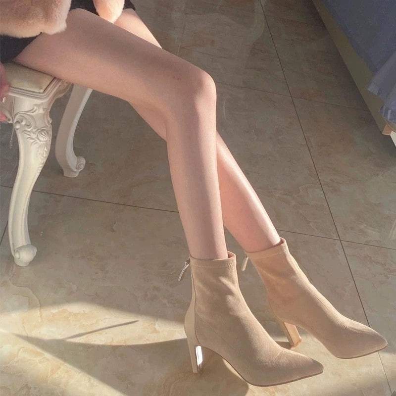 All-match Middle Tube Suede Pointed Ankle Boots Chunky Heel