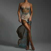 Sexy Women's Spaghetti-strap Floral Print Patchwork Long Dress