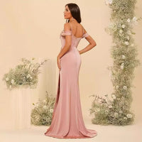 Off-the-shoulder Satin Bridesmaid Corset Ball Gown