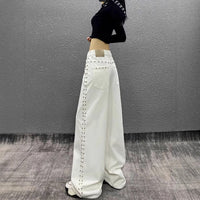 American-style Plus Size Handsome Beaded White Jeans