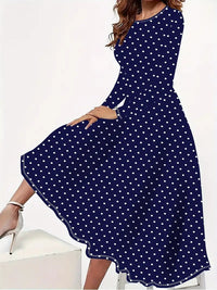 European And American Elegant Polka Dot Printed Round Neck Long Sleeve Pocket Dress