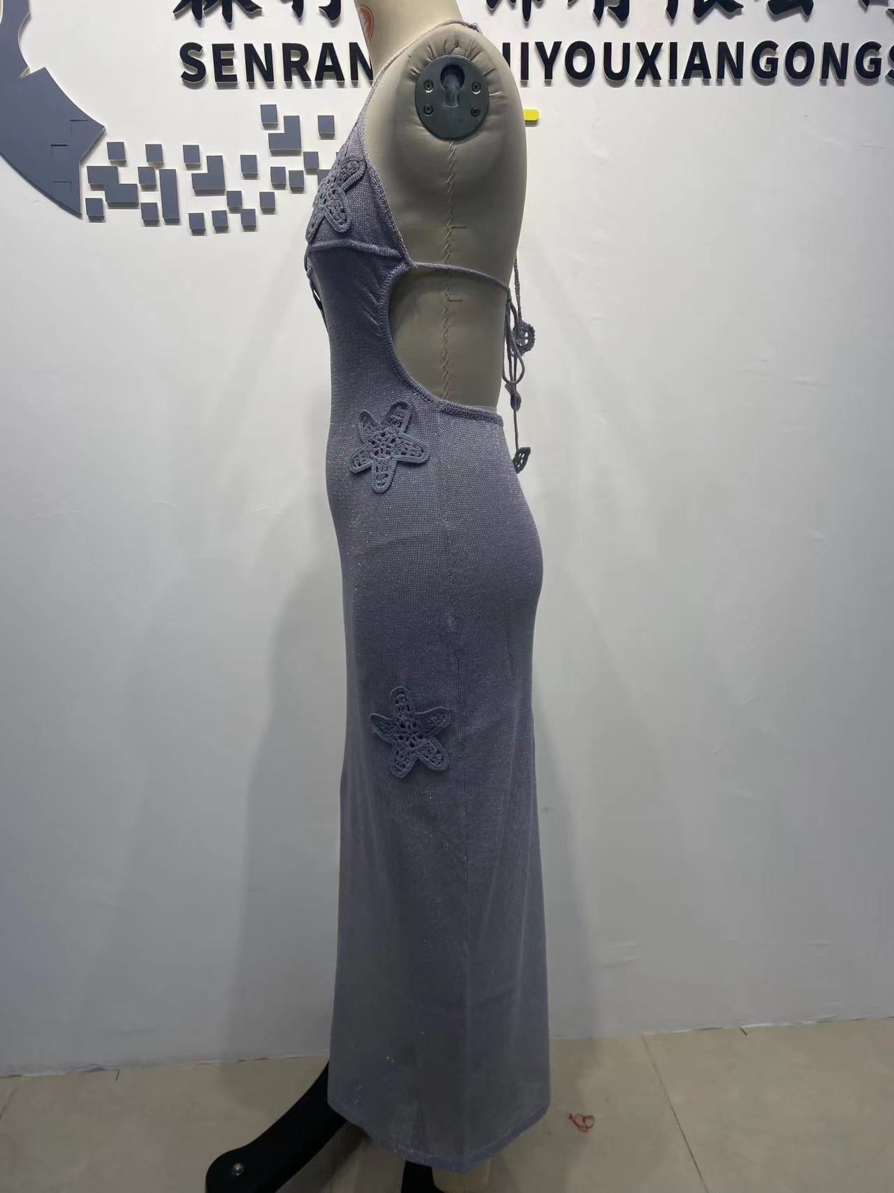BKQU Fashion Glitter Backless Knit Long Dress Women Halter Lace-Up Sexy Embroidery See Through Party Dress 2025 Summer Lady Robe